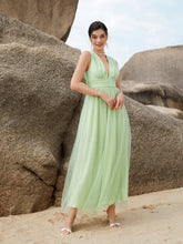 1pc Plunging Neck Ruched Bust Mesh Overlay Bridesmaid Dress